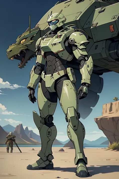  sci-fi, In front of a lake in the desert, battle armor  , vast  battle  suits,  holding assault  rifle,   african  boy , the dragon prince 