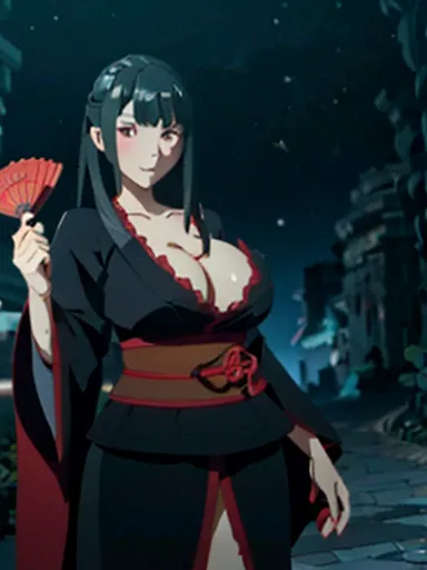 a dragon ,   wears a black kimono with red flowers and white details and a fan,  long black hair ,  curvy body and slim waist  ,...