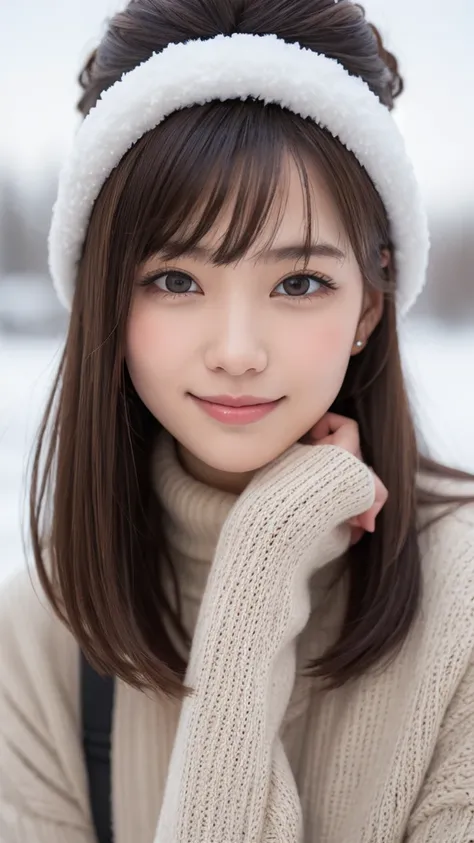 masterpiece, highest quality, One girl, (a beauty girl, Delicate girl:1.3), (19 years old:1.3), Definition of very fine particles, (Symmetrical eyes:1.3), (Snow scene background,The snow is shining and sparkling:1.2), (Warm winter clothes:1.2), Small breas...