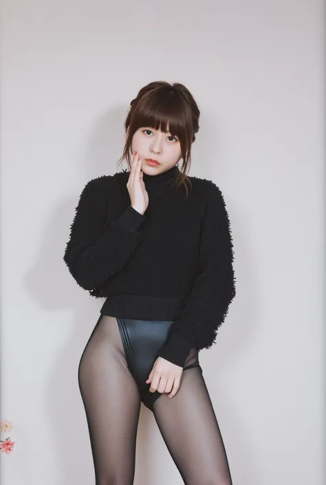 8k, RAW Photo, Best Quality, Masterpiece:1.2),(Realistic, photo-realistic:1.37), Super Detail, She is wearing transparent black long sleeve leggings, no pants, black stockings, tight fitting black long sleeve turtleneck, She is wearing black long sleeve le...