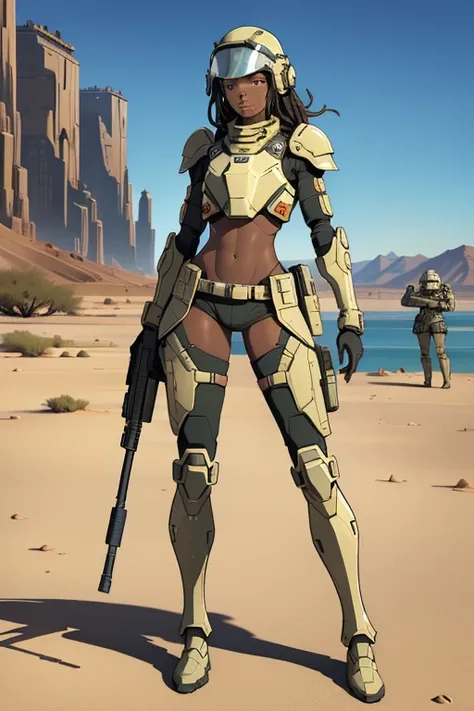 African women, Sexy feminine, sci-fi, In front of a lake in the desert, battle armor  , vast  battle  suits,  holding assault  rifle,  tactical  helmet,  full body armor,  holding  HK416 