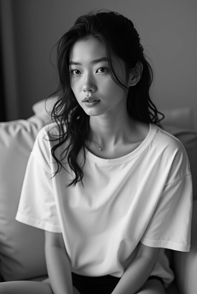 A black-and-white portrait photograph of a young woman sitting on a light-colored fabric couch. She has wet, dark hair and wears an oversized white crew neckline T-shirt and black bikini-style underwear. She is wearing a small black bracelet or hair tie on...