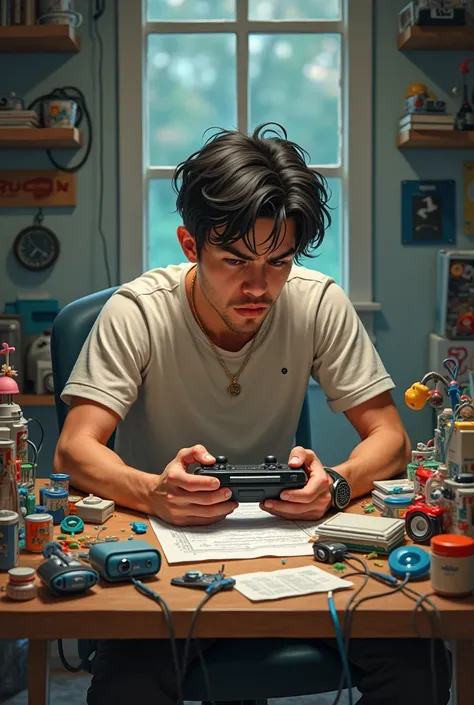  A young man sitting at a messy table covered with toys and devices,  frustrated trying to complete a task .  His posture is sloppy and he seems distracted with a video game in his hands , Hes a tall man .