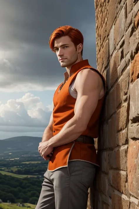 Photo-realistic. A pleased, tall, handsome, fit, 24-year-old Caucasian medieval prince, with short, fade-cut, burnt orange hair, and blue eyes, wearing a red and tan sleeveless tunic, with gray trousers, standing on a castle wall, looking out to the distan...