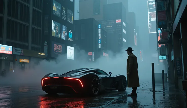  Imagine a futuristic city shrouded in a dark atmosphere,  with dense fog and constantly falling rain .  The scene is dominated by tall and imposing skyscrapers , } illuminated by neon lights and advertising holograms .  The streets are narrow and dark ,  ...