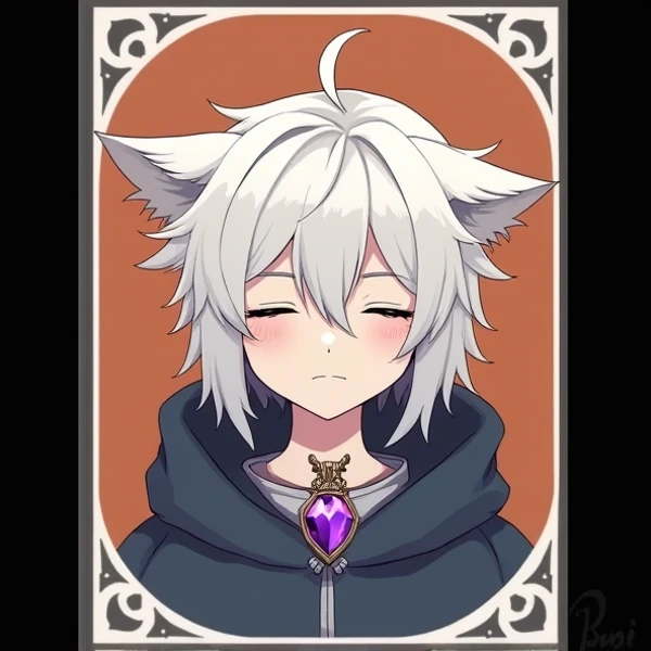 Anime, a boy, short hair, close eyes, normal, wolf ears, calm, necklace with a Purple Crystal