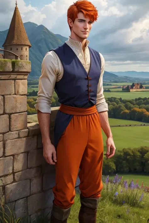 Photo-realistic. A pleased, tall, handsome, fit, 24-year-old Caucasian medieval prince, with short, fade-cut, burnt orange hair, and blue eyes, wearing a red and tan sleeveless tunic, with gray trousers, standing on a castle wall, looking out to the distan...