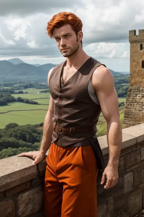 Photo-realistic. A pleased, tall, handsome, fit, 24-year-old Caucasian medieval prince, with short, fade-cut, burnt orange hair, and blue eyes, wearing a red and tan sleeveless tunic, with gray trousers, standing on a castle wall, looking out to the distan...