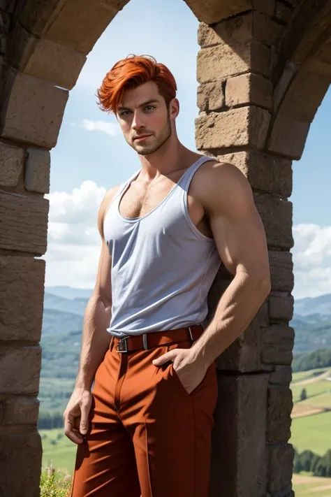 Photo-realistic. A pleased, tall, handsome, fit, 24-year-old Caucasian medieval prince, with short, fade-cut, burnt orange hair, and blue eyes, wearing a red and tan sleeveless tunic, with gray trousers, standing on a castle wall, looking out to the distan...