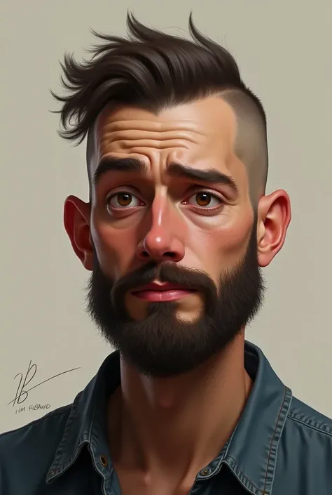 Create John ,  He has dark brown eyes,  shaved dark brown hair, big, dark beard,  big nose and small mouth ,  he has around 32 years , He has a thin face , He has a shy face, He has a younger and more tired face 