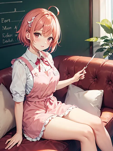 Nursery teacher,sitting,on the couch,legs apart,apron,orange Ribbon on chest,pink short hair,white Feather hairpin,Ahoge