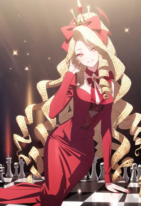 1  ， Gold Extra Long Curly Hair，Gorgeous attire，Prom Style Outfit ，Smile，Devilish，Red pupil， Bow on Head ，cup， ray tracing ， top quality，Movie Lighting，Blood，Dark background，Chess board，sit