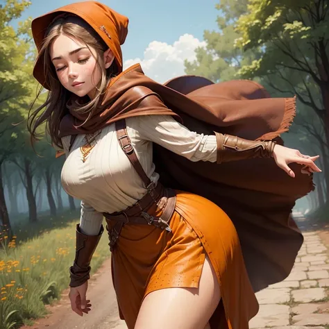 ((Best quality))) (((HD))) (((8K))) (Character) 20-year-old woman, ((Adventurous)), (eyes closed),  ((freckles)), long pointy ears, elf, ((Beautiful)) and ((cheerfulness)) , ((lite Brown hair)) and ((Long hair)). voluptuous and chunky design, Brown hair bo...