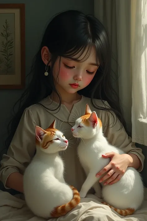 crying girl with 3 cats 