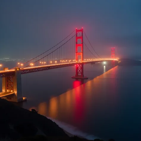 suspension bridge、The worlds largest 、 bridge like the Akashi Ohashi Bridge 、 is illuminated with colorful 橋のlights、shining through fog 、（ red reflecting in fog 、 orange、yellow、White light ）、（ best quality、4K、8k、 high definition 、masterpiece：1.2）、Super det...