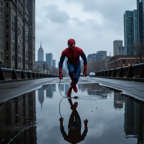 IMG_1018.CR2, Spider Man pulled a long spider silk and flew over the city after the rain, his flying figure reflected in the accumulated water on the streets