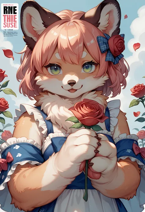 cover page, marriage information magazine, Watercolor elements, 1girl, kemono, furry, detailed body fur, animal face, animal hand, cute girl holding a red rose and looking at viewer,