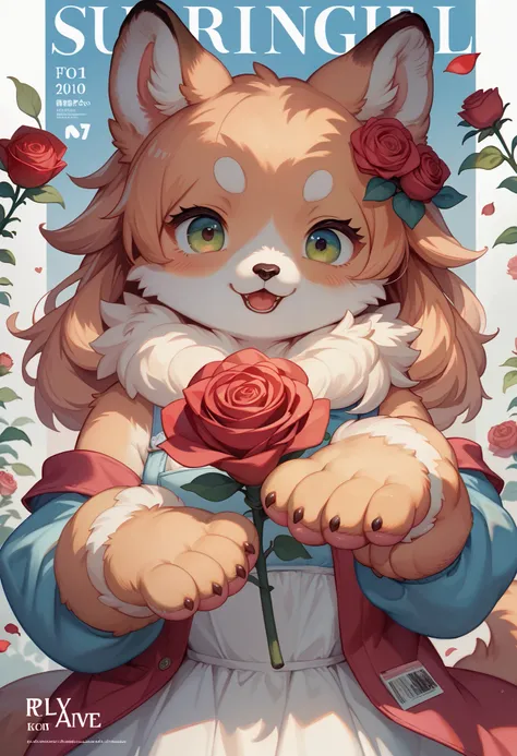 cover page, marriage information magazine, Watercolor elements, 1girl, kemono, furry, detailed body fur, animal face, animal hand, cute girl holding a red rose and looking at viewer,