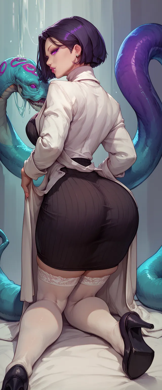 (solo)female ,black short hair,woman, attractive , wearing black turtleneck sweater dress, white stockings, lab coat, thicc body...