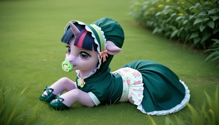 pony unicorn alone ,  Twilight Sparkle, filly , mane, gathered in a green bonnet, dark blue tail with a purple strand and a pink strand,  purple eyes , sitting outside on the grass, dressed in a green bodysuit and green booties,  green pacifier in her mout...