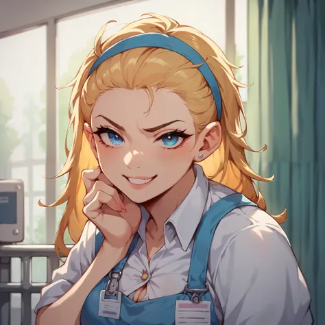 A tomboy with golden hair and blue eyes. she is in a nurses outfit. she angrily grins at you while in a hospital.