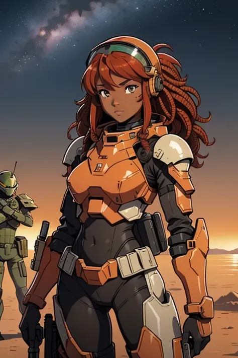 African women, Sexy feminine, sci-fi, In front of a lake in the desert, battle armor  , vast  battle  suits,  holding assault  rifle,  tactical  helmet,  full  armor,  holding  HK416 , red hair,  red battle suits,  african hair locs 