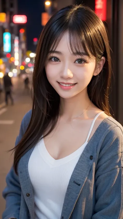 1girl、Streets of Tokyo、natta、A city scape、city light、The upper part of the body、a closeup、8k、RAW Photography、top-quality、​masterpiece、realisitic、Photorealsitic、Happy smile