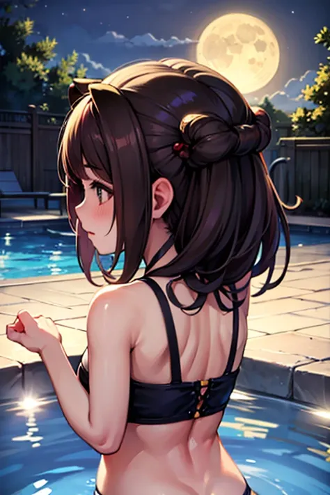 night,moonlight,
pool ladder,
from above,
bikini, 
wet hair, 
one hand adjusting hair,
blush,