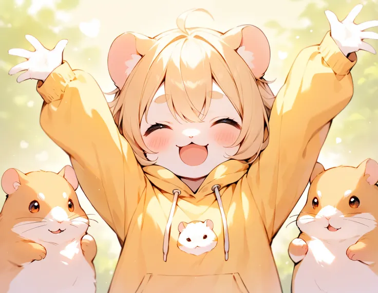 (masterpiece, best quality:1.2), furry, 1 animal, hamster, yellow hoodie, ((upper body:1.2)), solo ,1 girl, smile, spread arms, ((facing viewer:1.2)), arms up,simple background,