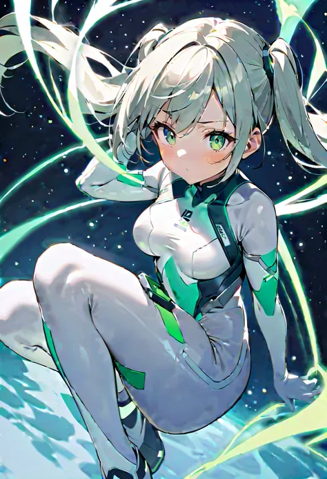 1girl, silver twintails,white and light green bodysuit, full bodysuit, bodysuit with glossy center and matte sides, elbow gloves, white gloves,