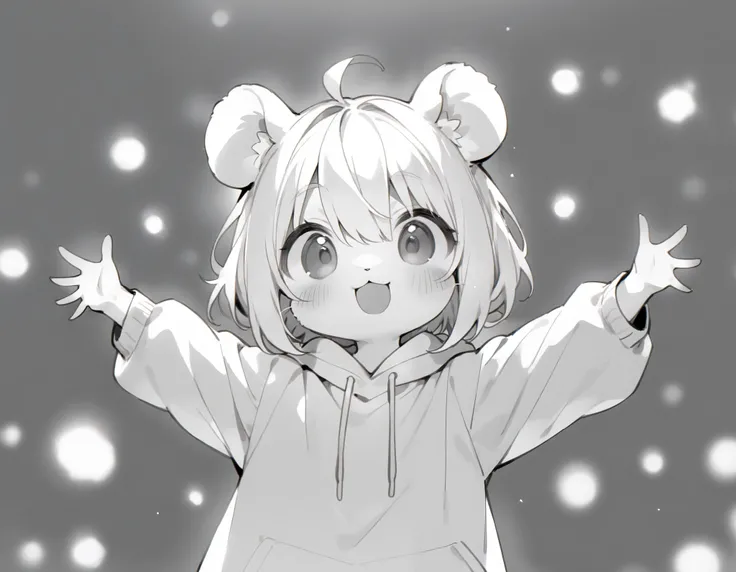 (masterpiece, best quality:1.2),((monochrome:1.2,greyscale:1.4)),manga, furry, 1 animal, hamster, yellow hoodie, ((upper body:1.2)), solo ,1 girl, smile, spread arms, ((facing viewer:1.2)), arms up,simple background,