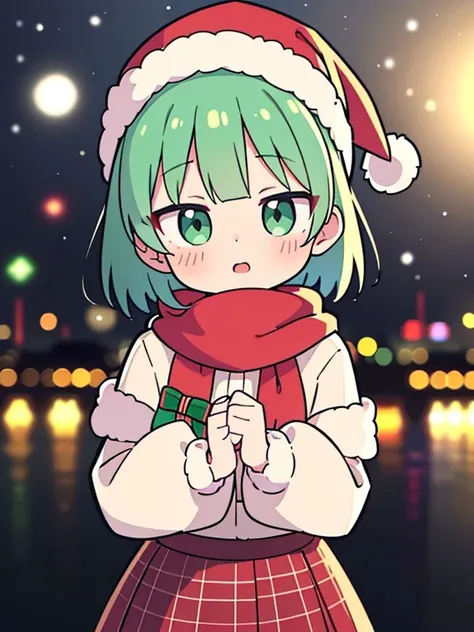  high definition  (Only the face) (Head Only)  Front 1 Person Round Face Short Hair Idiot Hair Bobby Green Eyes Hair _bow 髪_ornament green hair plaid standing skirt twin _ braided winter blurred cityscape background upper body scarf black tights Santa clot...