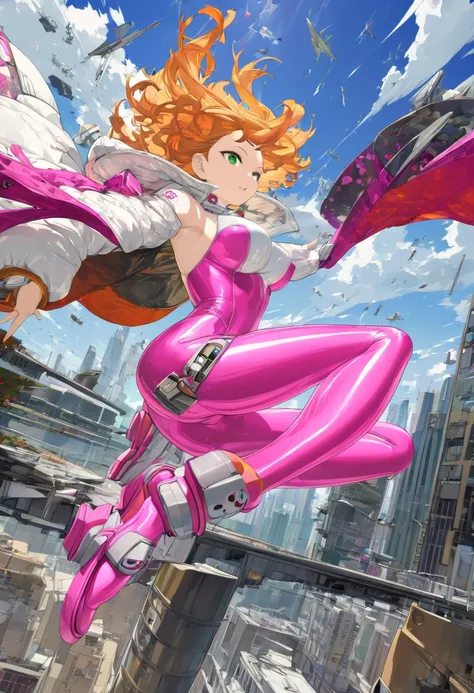  best quality, Super fine, 16k, amazingly absurd,  Very detailed, 2.5D, Delicate and dynamic ,  cute woman,  Orange messy wavy short hair,  Clear green eyes,  Jet boots are、 Made of plated metal that looks like boots、 Flying and floating,  Lots of text、 Ho...