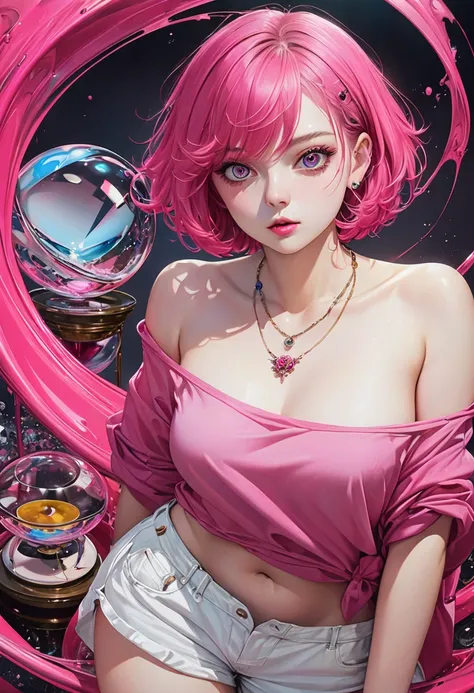 contemporary illustration art, cool beauty, hot pink and messy short hair, captivating big eyes, amorous and lewd expression, cortesy, elegance, dignity, hourglass figure, wearing loose baggy bare top shirt, loose baggy short pants, necklace, background un...