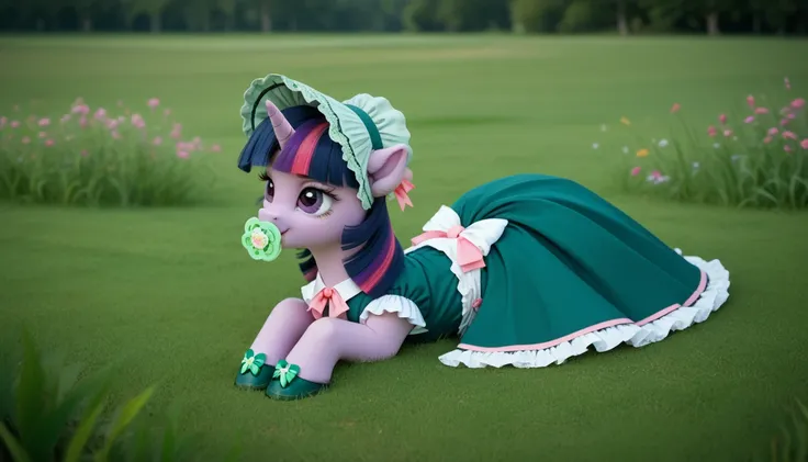 pony unicorn alone ,  Twilight Sparkle, filly , mane, gathered in a green bonnet, dark blue tail with a purple strand and a pink strand,  purple eyes , sitting outside on the grass, dressed in a green bodysuit and green booties,  green pacifier in her mout...