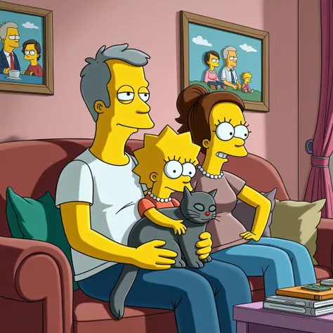 in the style of The Simpsons, a slender man, 40 years old, is sitting on the couch short hair gray, wife pointy nose brown hair , thin eyebrows,  daughter is sitting on the sofa and a gray cat in his arms