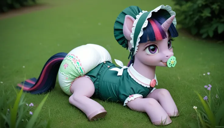 pony unicorn alone ,  Twilight Sparkle, filly , mane, gathered in a green bonnet, dark blue tail with a purple strand and a pink strand,  purple eyes , sitting outside on the grass, dressed in a green bodysuit and green booties,  green pacifier in her mout...