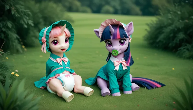 pony unicorn alone ,  Twilight Sparkle, filly , mane, gathered in a green bonnet, dark blue tail with a purple strand and a pink strand,  purple eyes , sitting outside on the grass, dressed in a green bodysuit and green booties,  green pacifier in her mout...