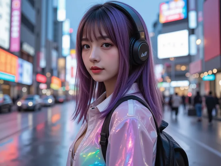 Hyperrealistic photography, high resolution, high quality, detailed, surreal, overall aesthetic, photorealistic cyberpunk fusion. Futuristic, Harajuku fashionista, angelic core, 20s, Japanese beauty, model-like, vibrant, princess eyes, rainbow hair, mid-le...