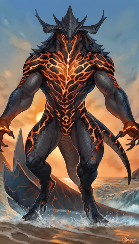 sharkman, gray belly, black and blue hands and fins, black back, solo, big arms, koholasaurus from genshin impact, lizard shark hybrid, anthro, detailed scales, proporcional body, wide chest, wide neck, marked jaw, lava imprints on body, best quality, 4k, ...