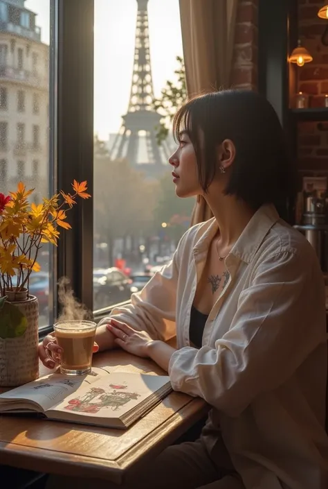 ((masterpiece)) ((photography)) ((Highest quality))  A cozy autumn afternoon in a Parisian café with brick walls and a misty street outside, the Eiffel Tower faintly visible in the background. The scene focuses on the user sitting at a wooden table, wearin...