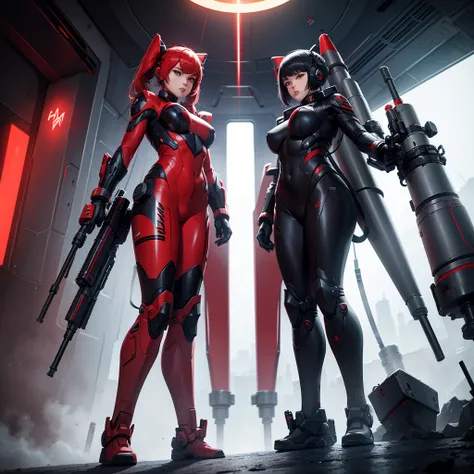 Female combatants wearing scientific suits　That suit is 、 automatic missile launchers, 、 claws on the hands 、 special scope 、 two-stage defense 、 double funnels, etc. 、Futuristic and、 red motif color 