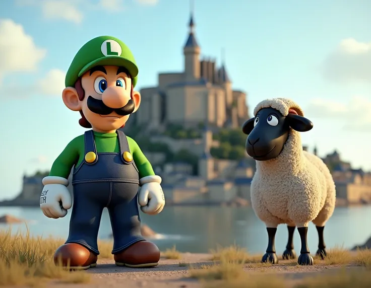 Luigi et Mario de Nintendo posent à côté dun mouton à tête noire debout sur ses pattes arrières, devant le Mont saint Michel, très réaliste