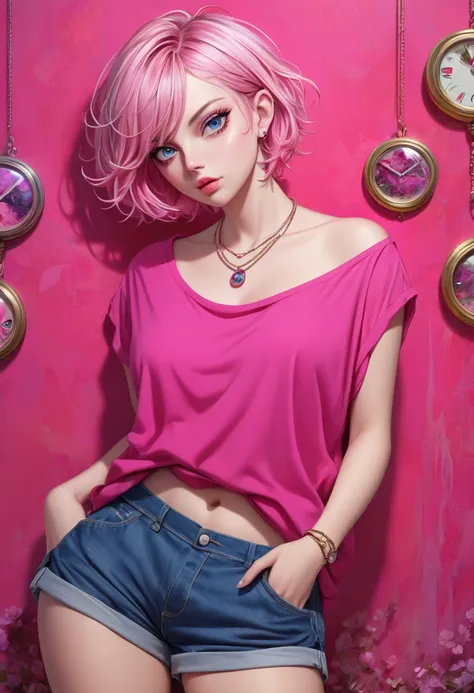 contemporary illustration art, cool beauty, hot pink and messy short hair, captivating big eyes, amorous and lewd expression, cortesy, elegance, dignity, hourglass figure, wearing loose baggy bare top shirt, loose baggy short pants, necklace, slouch, backg...