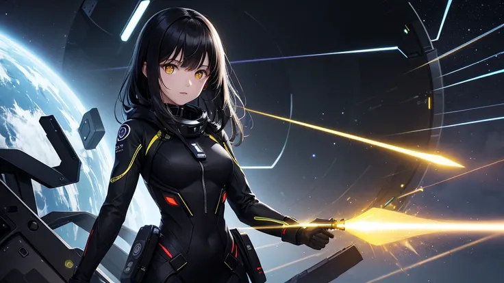 from future intelligence, technology background, complex mission, sudden mystery, unexpected result, unknown variables, strange data, confident look, space black pioneer dress, yellow eyes, black hair