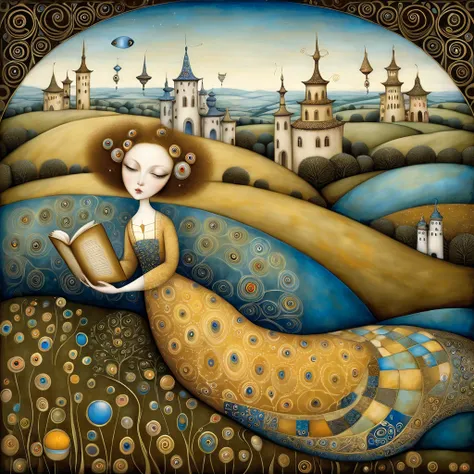 Patchwork by Klimt, Nicoletta Ceccoli, Naoto Hattori, Lawrence Didier, Leonora Carrington of wide shot  of An elegant woman in a long, ochre-colored dress decorated with intricate octane blue motifs. She is lying, reading a book on a meadow in the middle o...