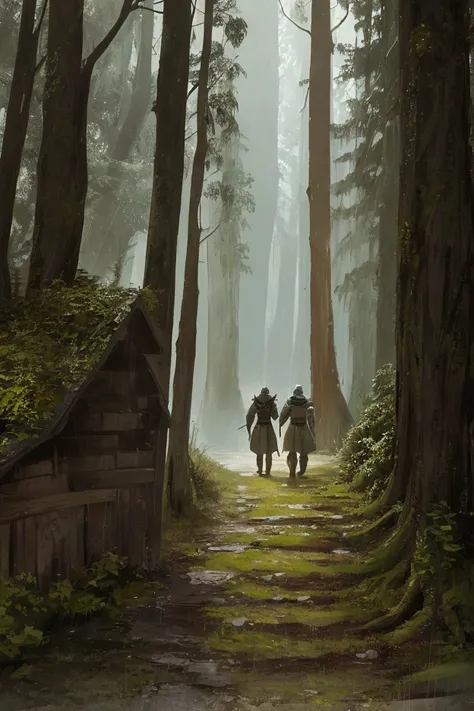 Two medieval knights in a fantasy world walking away on a forest path on a rainy day