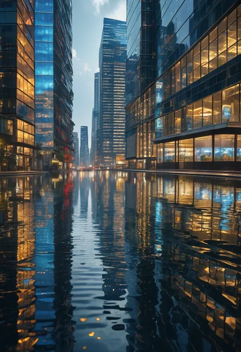 A city reflected in the water ,  skyscraper in front of the floor,  Modern Streetscapes ,  Glass and Iron Buildings , Waves hitting the water surface, Reflections in Mirrors ,  bright color ,  Dramatic Lighting,  Moody Atmosphere ,  Architectural Details ,...