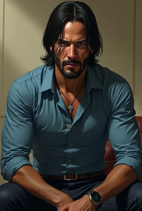 Draw John Wick in a blue shirt and beige pants