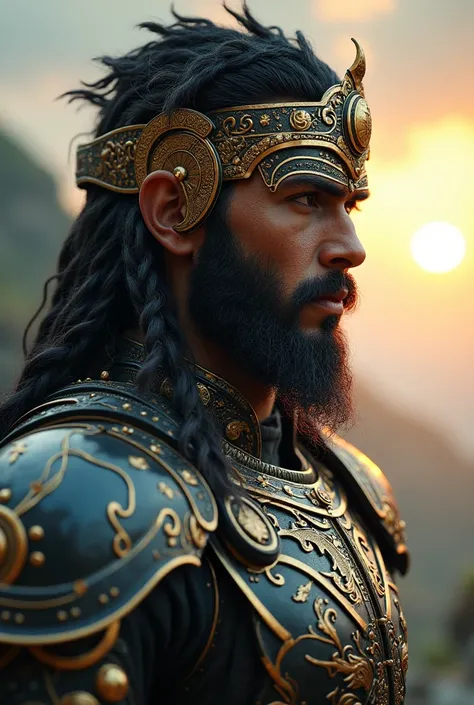 A close side photography of Java mythical sun God, with intricate detail Java ancient cyber armor, detail armor with java cyber ornament, in the misty sky realm of god, wise, charismatic and too handsome, porcelain pure perfect skin